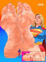 giantess supergirl atom dc_comics breasts drawing blonde color blue_eyes toes barefoot skirt gloves boots shrunken_man mask foot_slave costume cape belt legs_crossed no_background looking_at_tiny 6o6chitsart