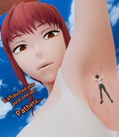 giantess makima black_hair butt sweat brown_eyes red_hair shrunken_woman pants dialogue looking_at_tiny digital_render armpits microzonegts