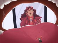 scarlet_witch breasts drawing vore color long_hair tongue green_eyes brunette gloves unknown_artist shrunken_man open_mouth reflection dark_skin costume cape mirror earrings tiara source_needed on_tongue helmet loki marvel_comics marvel_rivals