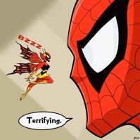 breasts wings gloves boots fangs shrunken_woman mask avengers costume monster_girl dialogue no_background looking_at_tiny janet_van_dyne symbiote spider-man marvel_comics the_wasp peter_parker avengers_earths_mightiest_heroes carnage rod_allen