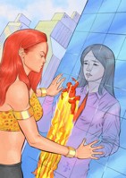 breasts drawing giantess city mega black_hair color long_hair skirt buildings brown_eyes giganta asian red_hair fighting reflection costume shirt top bracelet linda_park reporter leopard_print flash dc_comics bare_midriff fusion adagadegelo wally_west