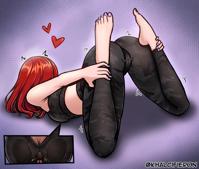 breasts long_hair butt barefoot heart shrunken_woman trapped purple_nails khalcifieron purple_background gradient_background giantess yoga