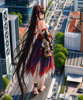 giantess feet city destruction barefoot anime ai_art yoto_hime crimson_yoto breasts horns mega black_hair butt toes skirt buildings red_eyes gloves ponytail vehicles cracked_ground