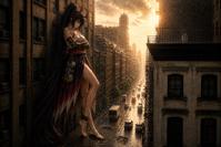 breasts horns mega black_hair cleavage red_eyes ponytail bus vehicles leaning_against_building bare_legs giantess feet destruction barefoot anime ai_art yoto_hime crimson_yoto naraka_bladepoint onmyoji