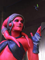 breasts alien bra brown_eyes gloves boots star_wars shrunken_man tentacles top headband red_skin lightsaber looking_at_tiny digital_render sith jedi sultanofsize twilek lekku