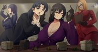 giantess breasts drawing blonde black_hair color large_breasts long_hair blue_eyes handheld cleavage buildings glasses green_eyes brown_eyes gloves shrunken_man suit giantesses pants dangle hiding thighs earrings pointing bending_down money clipboard looking_at_tiny bank gold heist shoiichii