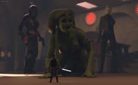 star_wars breasts white_hair alien large_breasts armor cleavage gun smiling gloves boots crawling shrunken_man pants tentacles indoors jacket belt bracelet white_skin helmet lightsaber green_skin looking_at_tiny loincloth bare_legs caddyisraddy dathomirian mandalorian jedi metal_bikini twilek lekku
