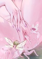 giantess fairy breasts nude wings long_hair butt short_hair shrunken_woman angel_wings fairy_wings butterfly_wings multiple_girls rambutan_illustration transparent_wings drawing