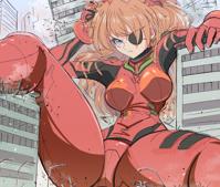 giantess neon_genesis_evangelion asuka_langley_soryu breasts drawing city mega long_hair blue_eyes buildings gloves sitting skyscraper bodysuit railing outdoors plugsuit ruins looking_at_viewer power_lines orange_hair bangs turtleneck eyepatch hair_ornament foreshortening raps souryuu_asuka_langley shikinami_asuka_langley telephone_pole