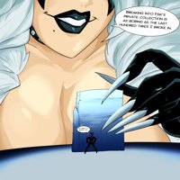breasts drawing giantess white_hair color large_breasts long_hair claws cleavage huge_breasts mask choker costume catsuit ant-man belt dialogue helmet looking_at_tiny black_cat spider-man marvel_comics felicia_hardy slugmanoctavio3