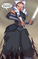 breasts drawing growth giantess horns mega alien color large_breasts armor blue_eyes gloves star_wars forest pants outdoors tattoo trees belt headband dialogue helmet lightsaber looking_at_tiny orange_skin togruta stormtroopers ahsoka_tano jedi inchhighjedi Mega lekku