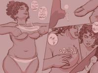 giantess sapphronnymiss breasts drawing nipples panties comic monochrome large_breasts underwear navel underboob shrunken_man english dark_skin curly_hair closed_eyes no_bra shirt_lift squished self_fondle nipple_hanger