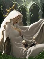 giantess breasts drawing blonde long_hair dress sitting shrunken_woman shrunken_man nature cape vines plants multiple_girls pepedraws