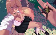 breasts drawing blonde color large_breasts long_hair blue_eyes handheld cleavage bra skirt glasses green_eyes shoes cat_ears brunette smiling socks park sitting tie shrunken_man pants dangle pink_nails outdoors choker shirt necklace bench cat_boy looking_at_tiny bare_legs cutaway iwillsunder