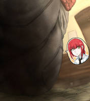 makima drawing micro color butt yellow_eyes red_hair unknown_artist sitting tie shrunken_man indoors shirt point_of_view looking_behind source_needed cutaway
