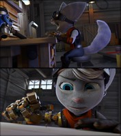 chair stool breasts micro furry tail alien comic blue_eyes butt_crush gloves boots sitting fangs shrunken_man indoors lombax earrings goggles belt hammer white_skin scarf looking_at_tiny digital_render ratchet_and_clank warehouse prosthetic_arm rivet worsesfm work_bench