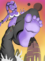 breasts drawing giantess city mega alien color blue_eyes toes cleavage buildings moon foot_crush star_wars looking_down pants tentacles choker point_of_view top bracelet purple_skin bare_midriff twilek Mega lekku kentaro900