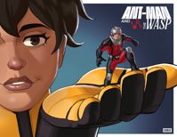 drawing giantess black_hair color handheld brunette brown_eyes smiling gloves short_hair shrunken_man avengers dark_skin costume ant-man belt helmet no_background looking_at_tiny janet_van_dyne marvel_comics the_wasp hank_pym rulei