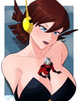 breasts drawing giantess color large_breasts blue_eyes cleavage brunette gloves short_hair shrunken_man avengers costume ant-man belt helmet looking_at_tiny janet_van_dyne marvel_comics the_wasp between_breasts avengers_earths_mightiest_heroes hank_pym dazu