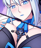 drawing huge_breasts smothering thunderafterdark between_breasts giantess lipstick fate_grand_order fate_series morgan_le_fay ritsuka_fumimaru