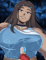 breasts drawing giantess mega color large_breasts long_hair brunette cave dark_skin indoors avatar tattoo choker top katara ripped_clothing aang avatar_the_last_airbender looking_at_tiny bare_midriff inchhighjedi Mega