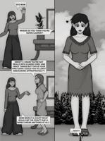 giantess breasts blushing comic monochrome large_breasts long_hair tree dress shrunken_woman standing english flats pointed_ears greyscale damianlix
