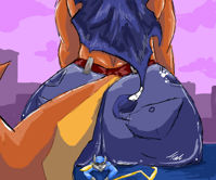 drawing giantess furry tail mega vixen color butt butt_crush jeans blue_hair fox police ponytail raccoon mountains mask pants hat top belt thick_thighs thief cane sly_cooper orange_skin grey_skin carmelita_fox bare_midriff sly_cooper_(series) Mega maskyax