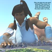 breasts giantess city black_hair large_breasts butt destruction blue_eyes toes barefoot rampage water buildings breast_crush military ponytail lying_down airplane jets dark_skin thighs leotard dialogue looking_behind korra debris digital_render legend_of_korra harbingerinfinit Destruction giga mega Mega