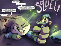 breasts drawing furry tail city comic color bunny handheld buildings brunette fox mouse gloves police crawling police_uniform shrunken_woman pants thighs bunny_girl disney mouse_girl belt looking_at_tiny orange_skin grey_skin labcoat growth_serum judy_hopps zootopia nick_wilde police_officer shieltar walkie-talkie purple_eyes dialogue
