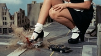 destruction socks crouching bare_legs Destruction giantess blood maid_uniform vehicles movie_set ai_art