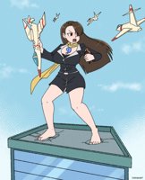 drawing giantess city destruction handheld barefoot jets skyscraper ace_attorney mia_fey bare_legs dakunart lana_skye Destruction mega color large_breasts long_hair cleavage brunette brown_eyes necklace earrings zipper scarf cracked_ground Mega Cleavage