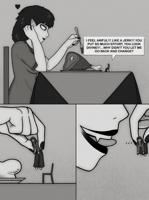 giantess breasts drawing comic monochrome tongue handheld fangs fork table shrunken_woman pants chair dialogue looking_at_tiny pointed_ears damianlix ham