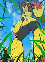 breasts drawing furry tail blonde color crossover cat_ears brunette elf grass cat_girl dark_skin thighs hat point_of_view shield looking_at_tiny tehbeanieman kit_bodega shrunken_man giantess the_legend_of_zelda link_(the_legend_of_zelda) gameoverse whiskers