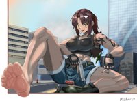 giantess black_lagoon revy breasts drawing city mega color large_breasts toes barefoot gun buildings butt_crush anime brunette brown_eyes gloves boots sitting shorts vehicles cigarette thighs leaning_against_building tattoo palm_tree top belt bare_legs bare_midriff Mega lucifer_e3