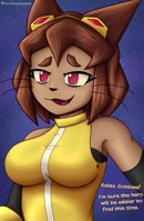 breasts drawing furry color cat_ears brunette purple_eyes gloves unaware shrunken_man cat_girl goggles dialogue stars hanging_on worthlessnews giantess katamari gameoverse kit_bodega whiskers crossover