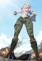 breasts drawing giantess panties mega color large_breasts destruction rampage bra buildings brunette topless brown_eyes socks gloves sun boots muscles town looming censored pants clouds flag pointing hands_on_hips debris zerohour99 camo_pants looking_at_tinies Mega Destruction