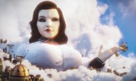 breasts giantess giga city black_hair blue_eyes clothed huge_breasts brunette clouds sky choker shirt dialogue zeppelin airship bioshock_infinite looking_at_tiny bioshock digital_render elizabeth_comstock molchim songbrid