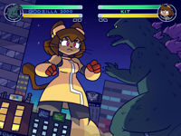 giantess godzilla kaiju gameoverse kit_bodega breasts furry tail city mega claws buildings brunette gloves pink_eyes fangs fighting cat_girl video_game night signs goggles stars whiskers megamaliit spines Mega crossover