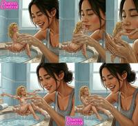 blonde handheld bath asian kissing lesbians washing interracial handling ai_art queencontrol black_hair breasts nude barefoot cleavage water bathroom indoors