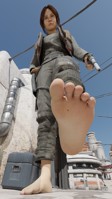 breasts micro city toes barefoot gun buildings brunette brown_eyes gloves foot_crush star_wars pants jacket point_of_view belt hands_on_hips stuck_to_foot digital_render crate jyn_erso asilentdemon cassian_andor