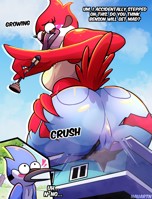 breasts drawing growth giantess furry blushing tail mega color butt destruction handheld buildings jeans park blue_skin thighs trees top ripped_clothing looking_behind bird_girl sitting_on_building red_skin thick_thighs lamppost jay cutaway bare_midriff margaret nauartn cartoon_network Mega Destruction regular_show mordecai