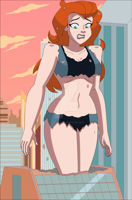 breasts drawing growth giantess city color long_hair cleavage bra skirt buildings green_eyes sweat outgrowing_building red_hair clouds thighs ripped_clothing debris dc_comics bare_legs nightcore100 bare_midriff Cleavage shvaughn_erin legion_of_superheroes