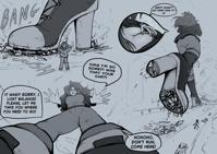 giantess Gartistical madeline drawing monochrome high_heels pov dialogue foot_crush vehicles vehicle_crush breasts cleavage cutaway between_breasts mega butt comic street city buildings destruction glasses belt pants jacket looking_at_tiny