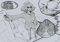 giantess breasts drawing vore city mega comic monochrome large_breasts handheld bra buildings street pants vehicles looking_at_tiny gartistical gwenyth cutaway shorts short_hair socks bare_legs bare_midriff stomach_view digestion