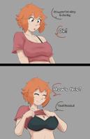 breasts drawing color large_breasts cleavage bra red_hair shrunken_man undressing top dialogue orange_hair sam no_background sihagen between_breasts Cleavage giantess