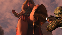 giantess blonde goddess foot_crush digital_render breasts nipples city mega long_hair armor rampage skirt high_heels buildings huge_breasts topless bracelet debris redfiredog bare_legs pov gun looking_at_tiny solider panties upskirt