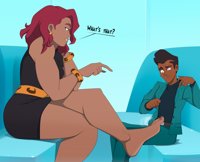 drawing giantess black_hair color toes green_eyes sweat red_hair dress mini_giantess sitting muscles pants dark_skin thighs jacket earrings belt bracelet dialogue looking_at_tiny dc_comics bare_legs rtuenuik2 jimmy_olsen my_adventures_with_superman hair_covering_eye giganta