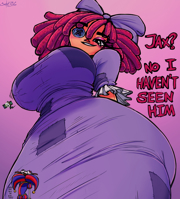 giantess the_amazing_digital_circus ragatha jax pomni tadc breasts drawing mega color large_breasts smiling red_hair dress shrunken_woman thighs hair_bow dialogue no_background looking_at_tiny sector316 clothing_entrapment Mega