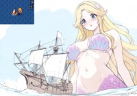 breasts drawing mega blonde color long_hair blue_eyes ocean seo_tatsuya mermaid ships pixel_art dragon_quest looking_at_tiny seashell_bra bare_midriff Mega deene giantess