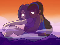 breasts drawing giantess blushing giga mega color purple_hair brunette sitting shorts mountains giantesses hugging dark_skin clouds freckles sunset top hairband twilight bare_legs bare_midriff megamaliit molly lia Mega